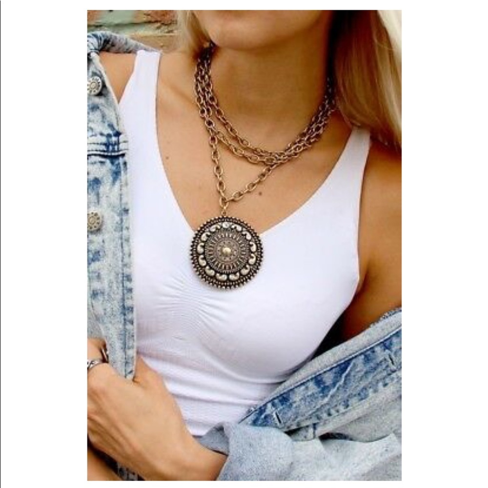 Sundial Triple Layered Costume Necklace with Crystal Insert, Brushed Gold - NEW